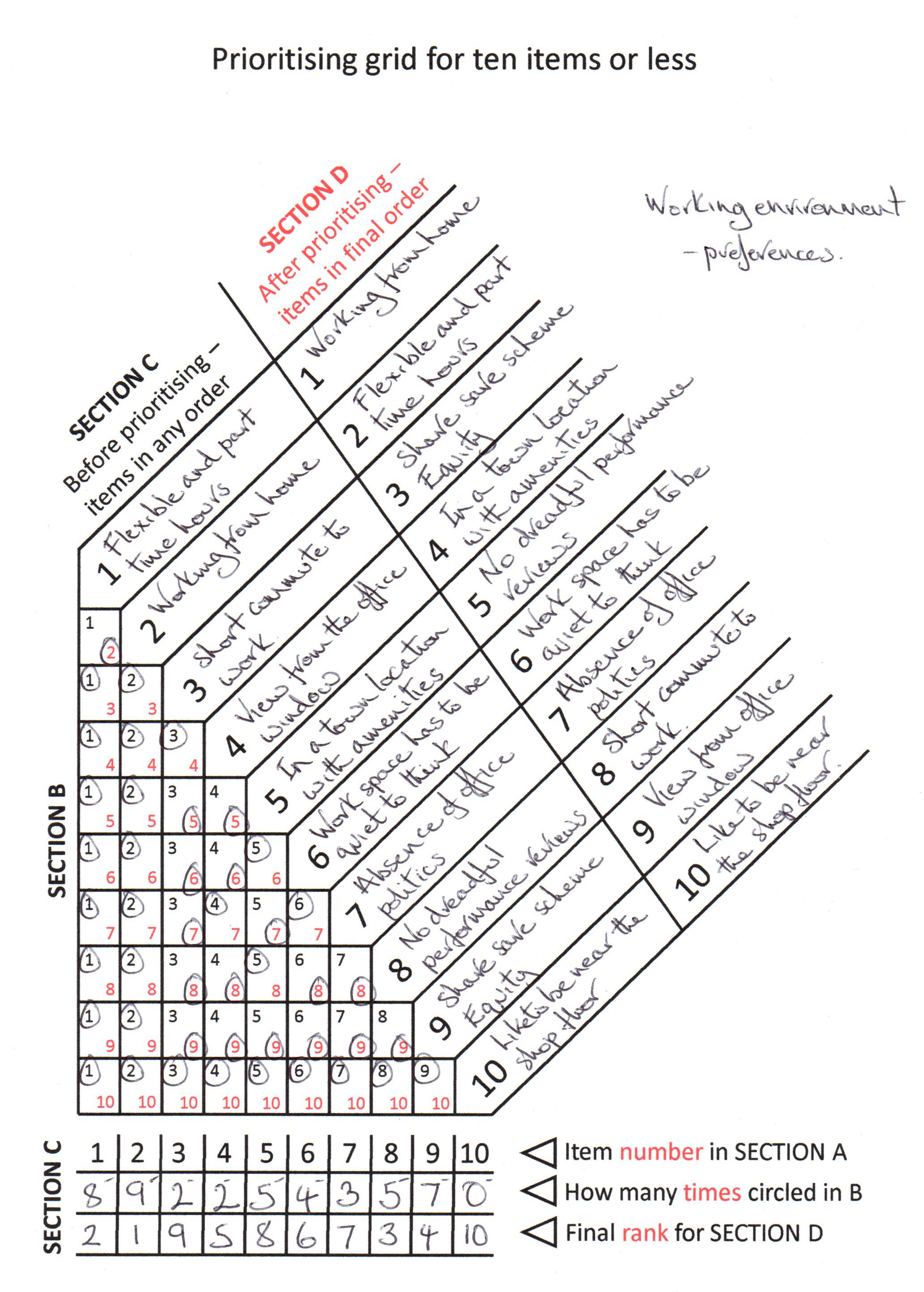 An example of a completed prioritisation grid examining a person's working environment preferences